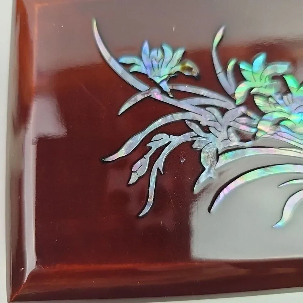 Inlaid Mother Pearl Abalone Shell Jewelry Dark Brown Lacquered Box Lidded 5.25in